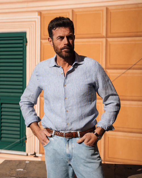 Velasca | Chemise en lin blanc à rayures bleues, made in Italy